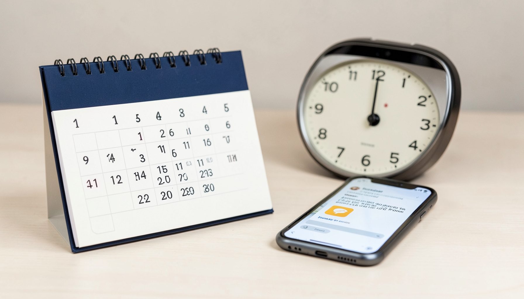 A calendar and clock on a clean desk with a smartphone showing a notification badge, in navy and cream tones, conveying urgency and timely information.