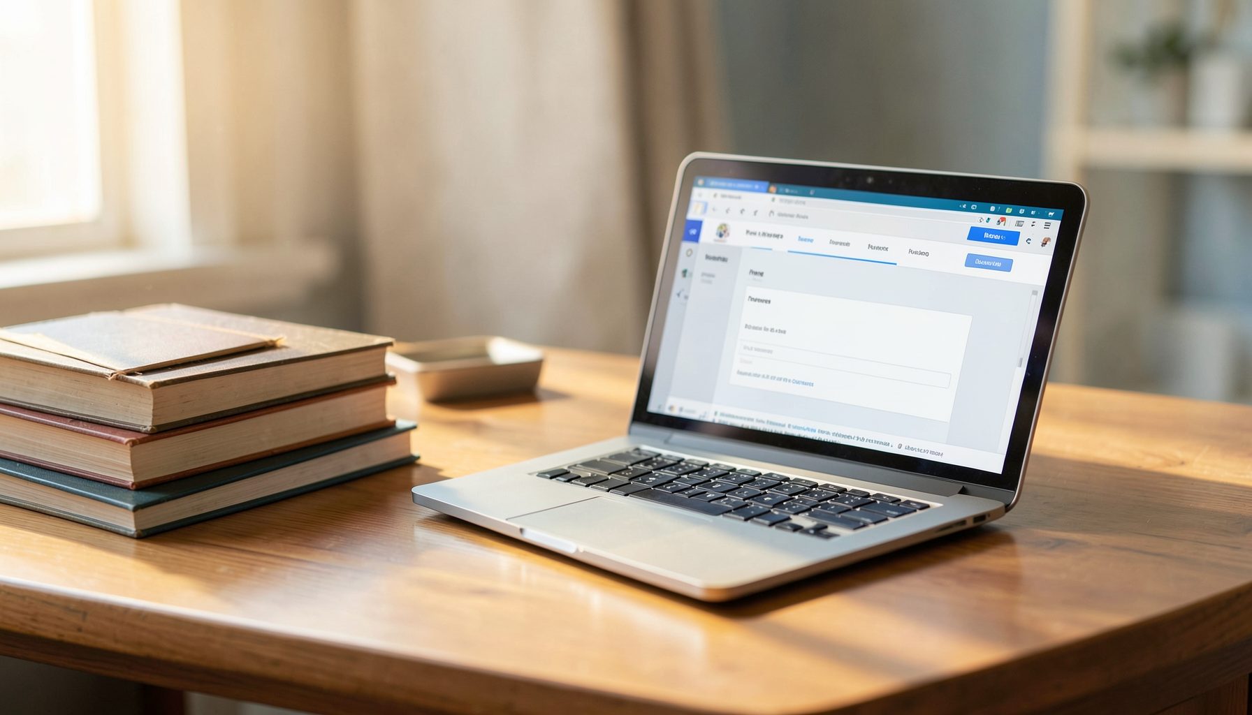 A calm academic scene with a wooden desk, a stack of books, and a laptop open to an online form, bathed in soft natural light with warm beige and muted blue tones.