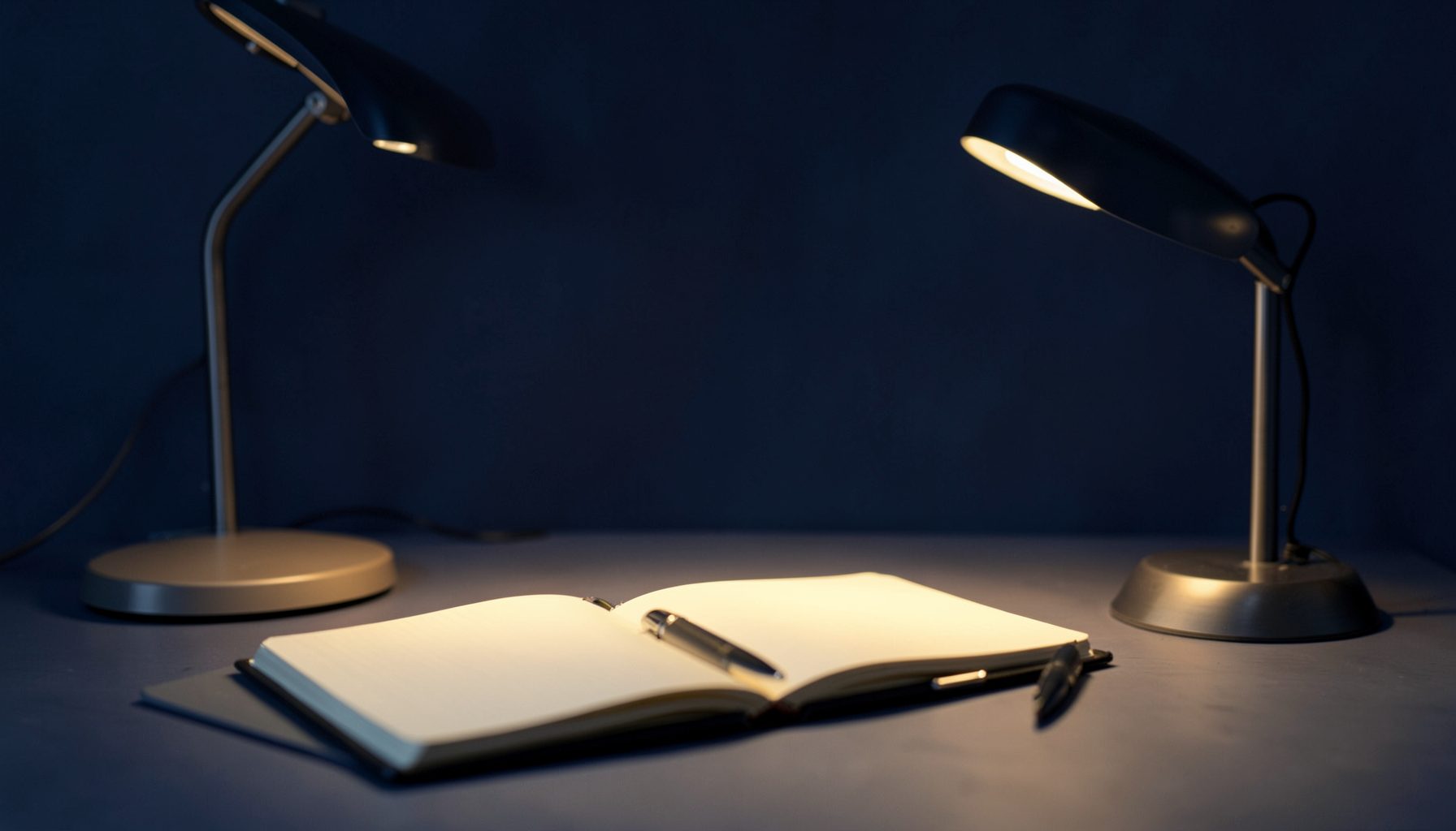 A calm, focused workspace with a desk lamp casting warm light onto an open notebook and a pen, in deep navy blue and soft cream tones
