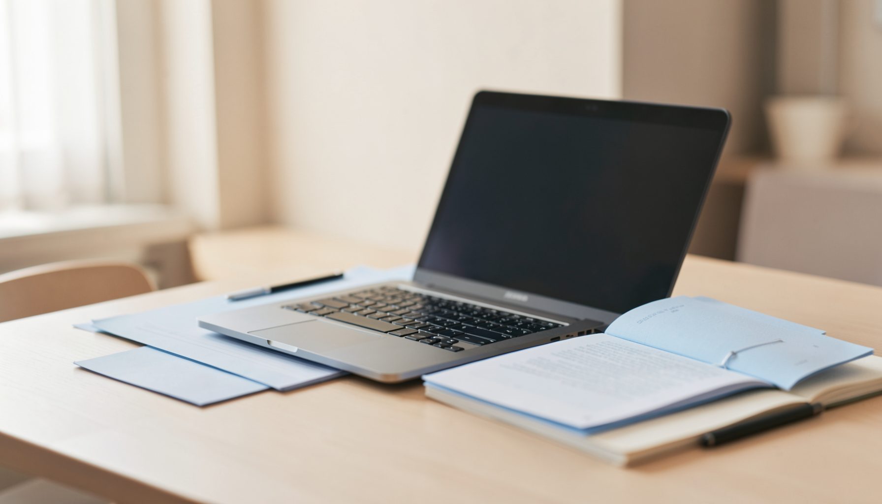 A calm, focused workspace with a laptop and neatly stacked papers in soft blue and warm beige tones, conveying diligence and anticipation.
