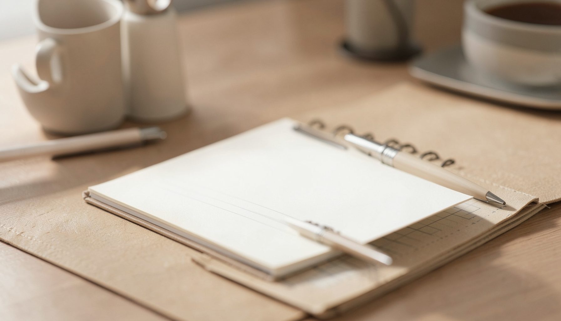 A calm, professional workspace with a desk, notebook, and pen in warm neutral tones of beige and soft brown, conveying focus and career preparation.