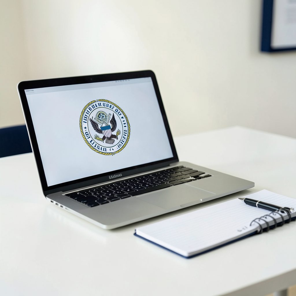 A clean, well-lit desk scene with a laptop displaying a government emblem, a notepad, and a pen, set against a soft off-white background with subtle navy accents, conveying focus and career aspiration.