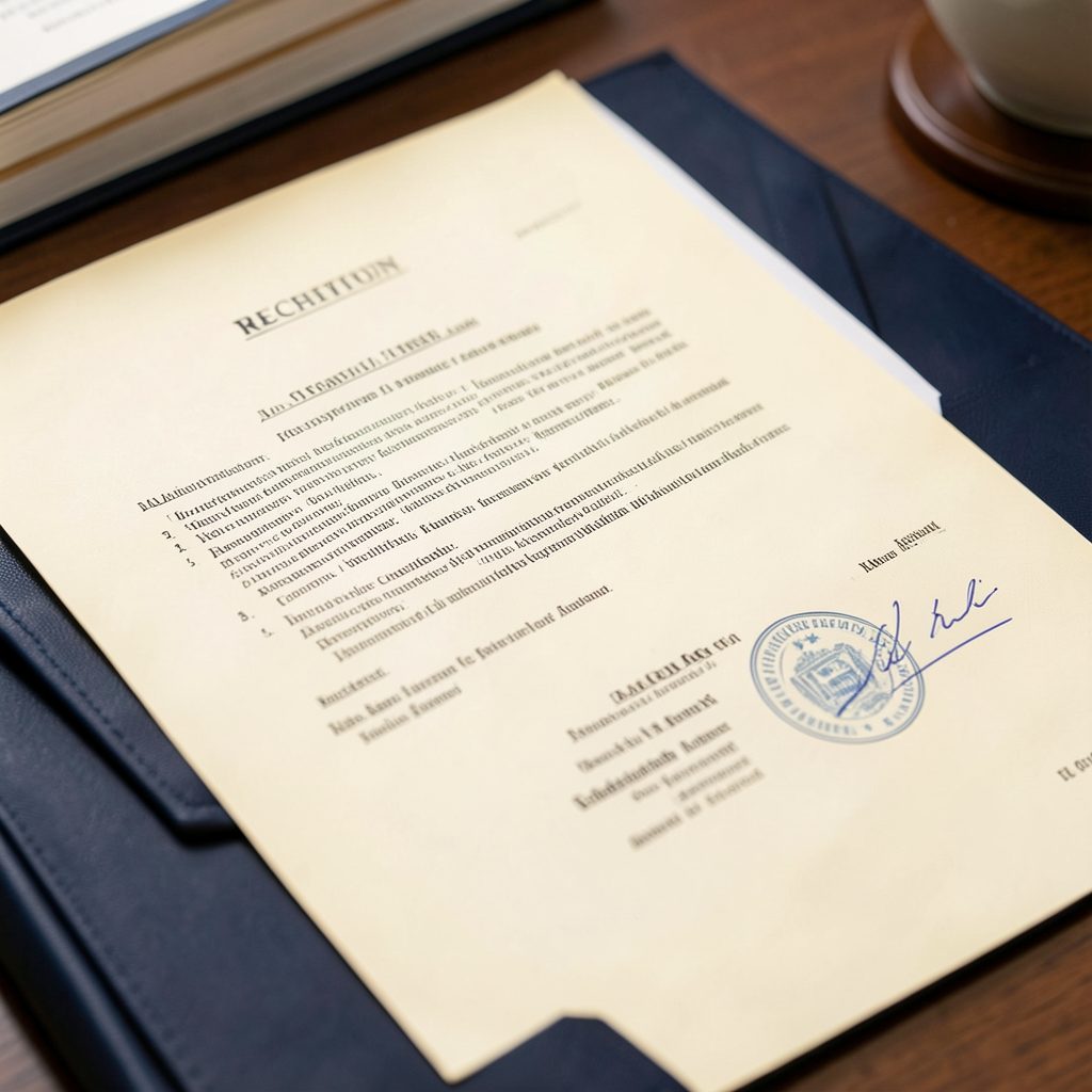 A close-up of official documents and a government seal on a desk, with warm cream and navy tones, suggesting formal recruitment paperwork.