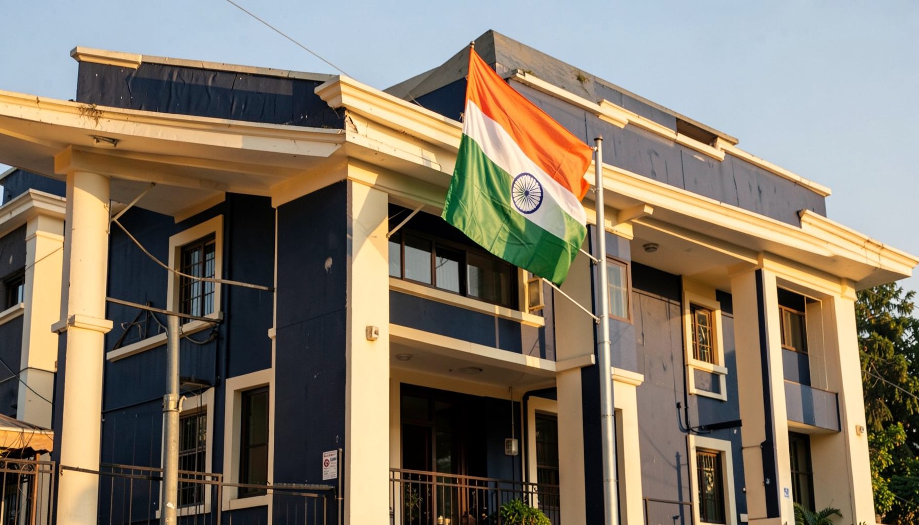 A government building facade with the Indian tricolor flag, in warm daylight with navy and cream architectural tones.