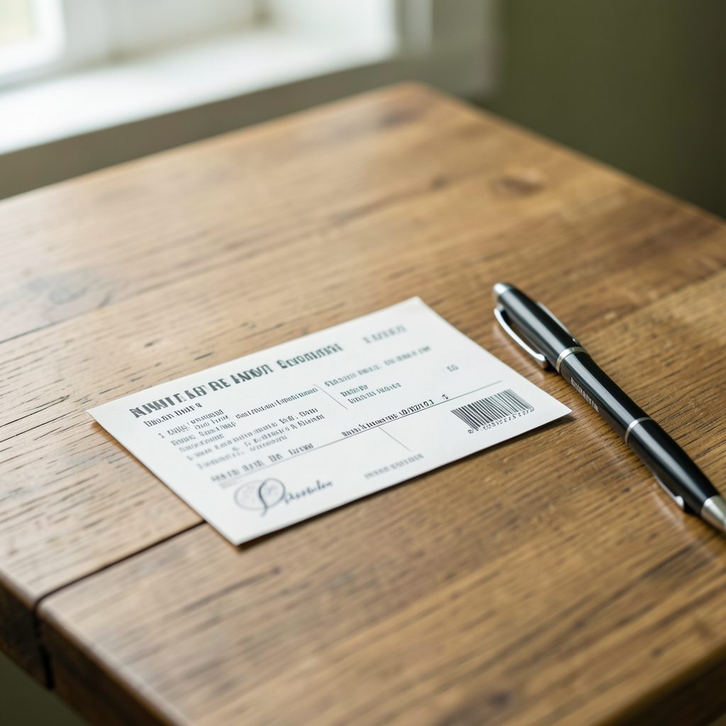 A hall ticket or admit card placed on a wooden table beside a pen, in soft natural light with muted olive and white tones.