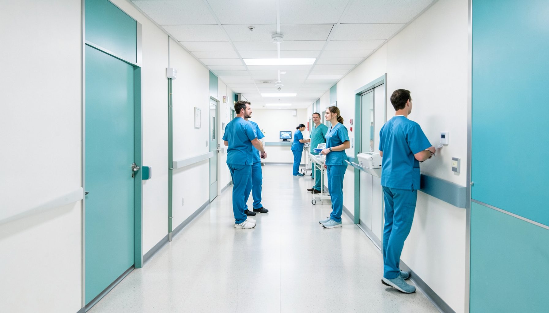 A modern hospital corridor with medical staff in scrubs, in clean white and teal tones, representing healthcare recruitment.
