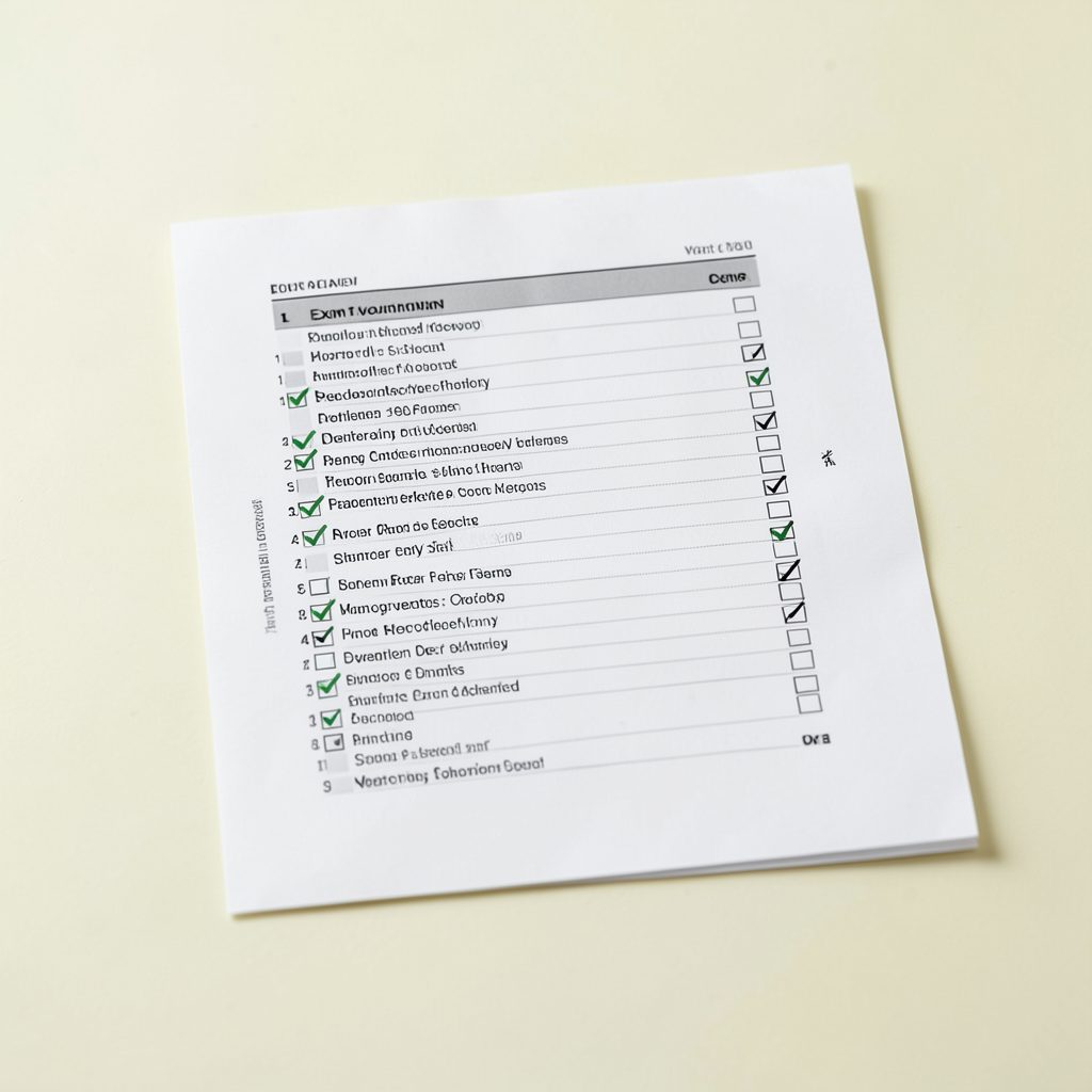 A printed answer key sheet with checkmarks, on a light cream surface, conveying exam evaluation in a clean, academic setting.