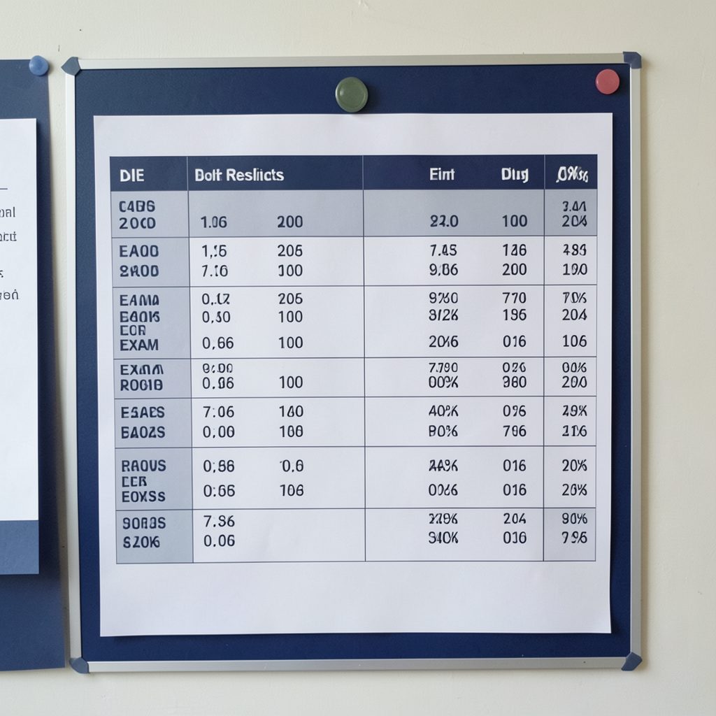 A results list pinned to a notice board, with soft navy and white tones, suggesting official exam results being announced.