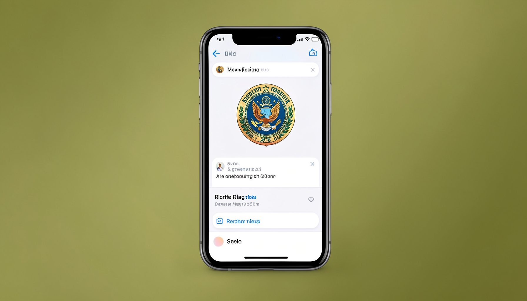 A smartphone screen displaying notification alerts with a government emblem, set against a soft olive-green gradient background, conveying timely updates.